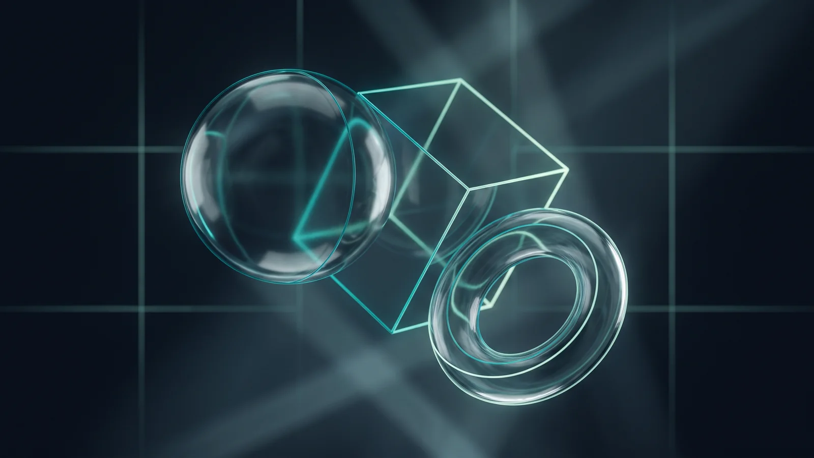 Abstract 3D illustration of translucent glass geometric forms balanced together in dark space