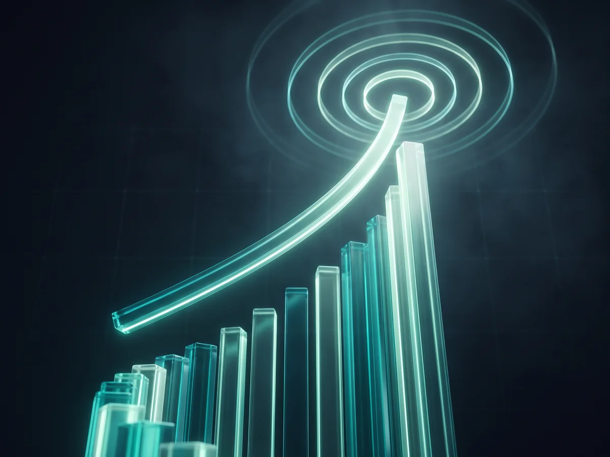 Abstract 3D illustration of rising glass bars with a glowing growth curve and radiating signal rings
