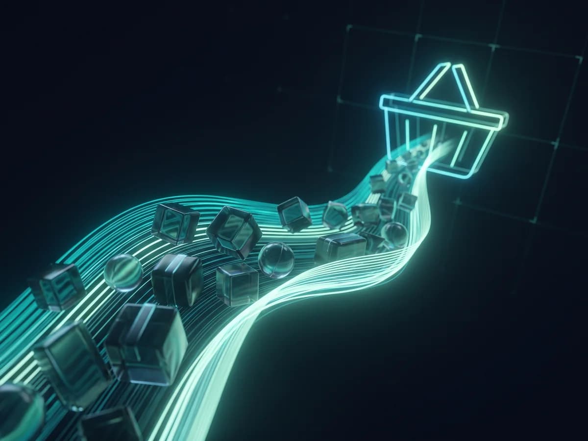 Abstract 3D illustration of product boxes flowing along a ribbon of light toward a glowing basket