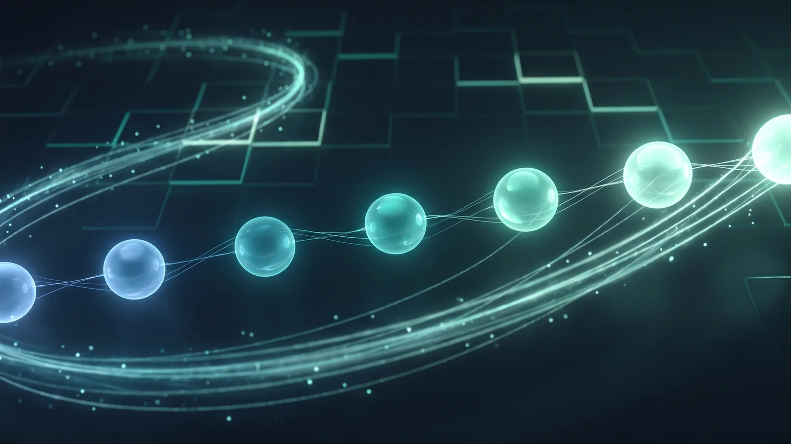Abstract 3D illustration of seven glowing nodes brightening along a curved path of light