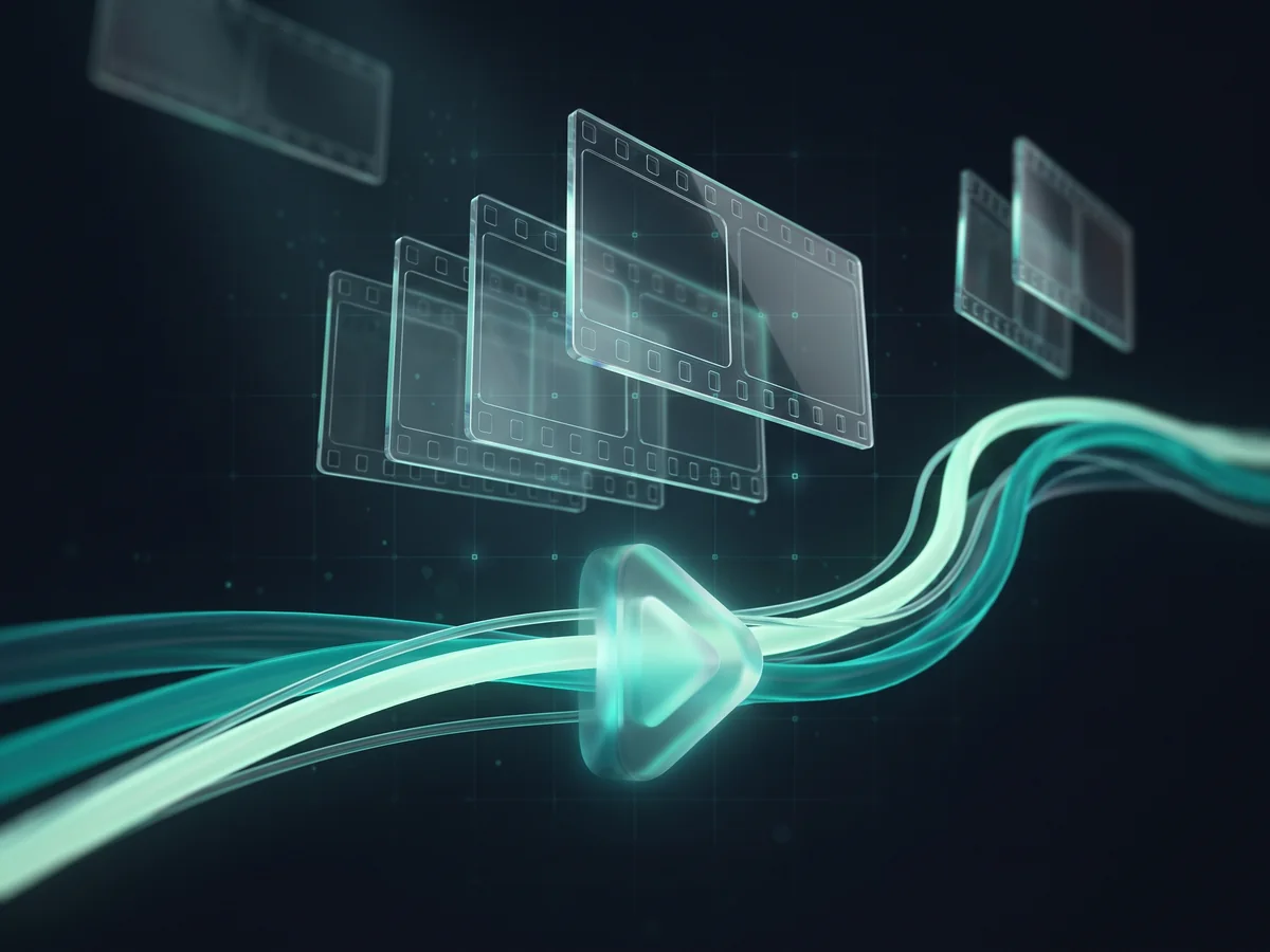 Abstract 3D illustration of floating film frames above a ribbon-of-light editing timeline