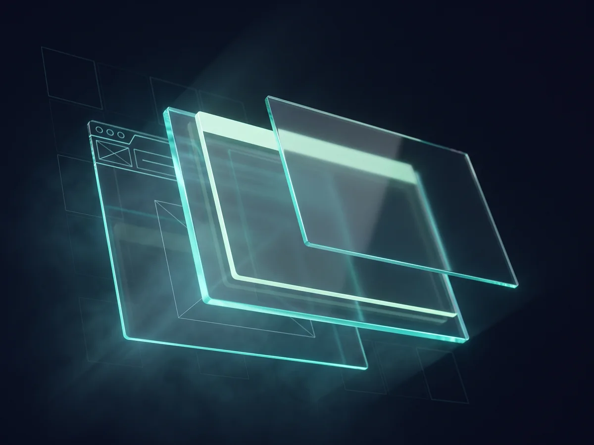 Abstract 3D illustration of translucent website interface panels layered in dark space