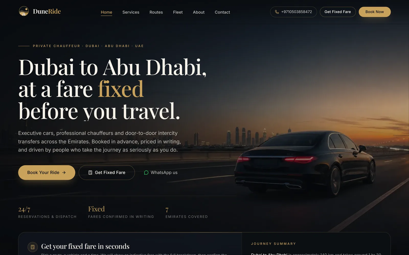 DuneRide homepage showing the Dubai to Abu Dhabi fixed-fare hero and fare estimator