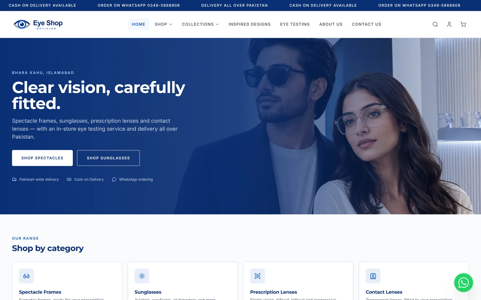 Eye Shop Optician homepage showing the eyewear hero and shop-by-category grid