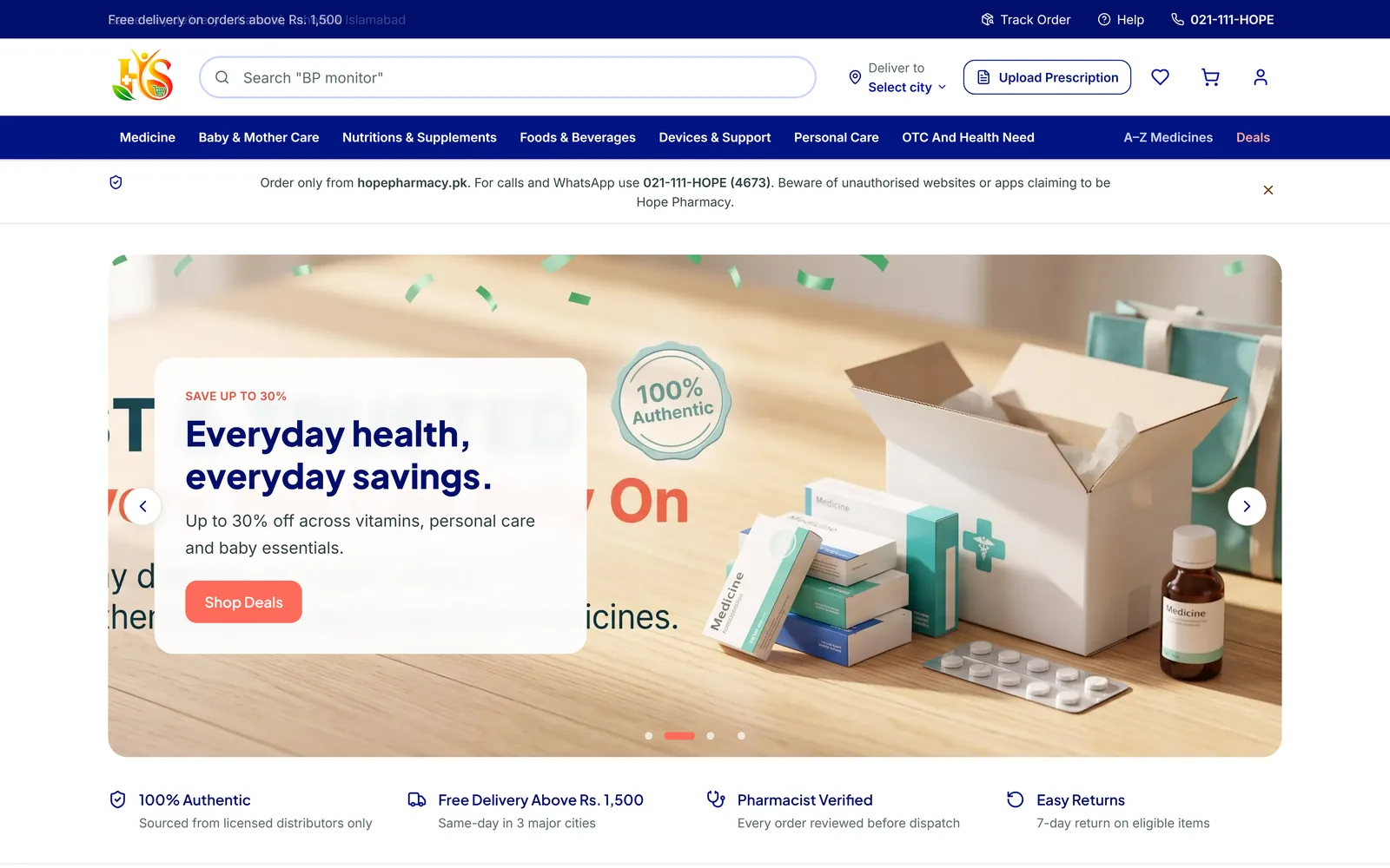 Hope Pharmacy homepage showing the prescription delivery hero and department navigation