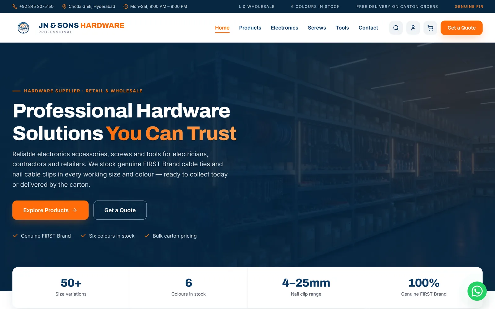 JN & Sons Hardware homepage showing the professional hardware hero and product statistics