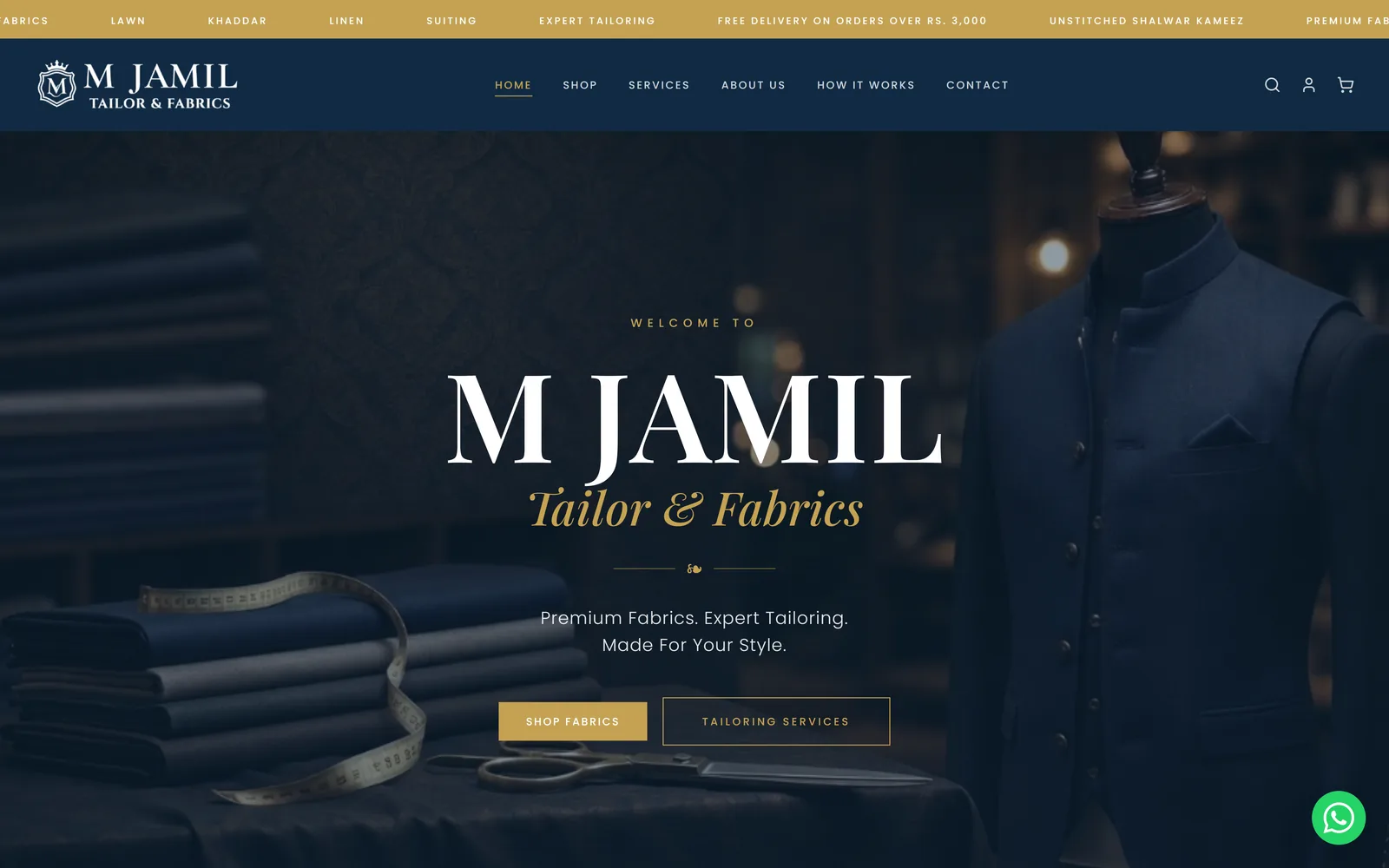 M. Jamil Tailor & Fabrics homepage showing the brand hero and featured fabrics