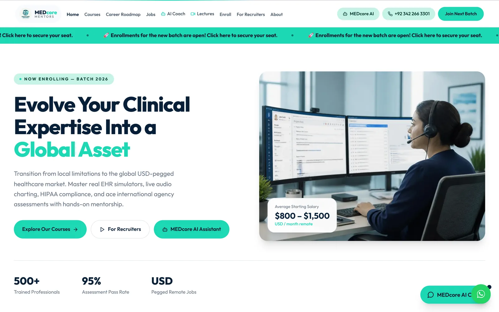 MEDcore Mentors homepage showing the remote healthcare training hero and course tracks