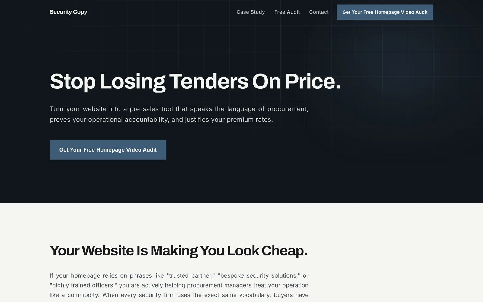 Security Copy landing page showing the 'Stop Losing Tenders On Price' hero and audit call to action