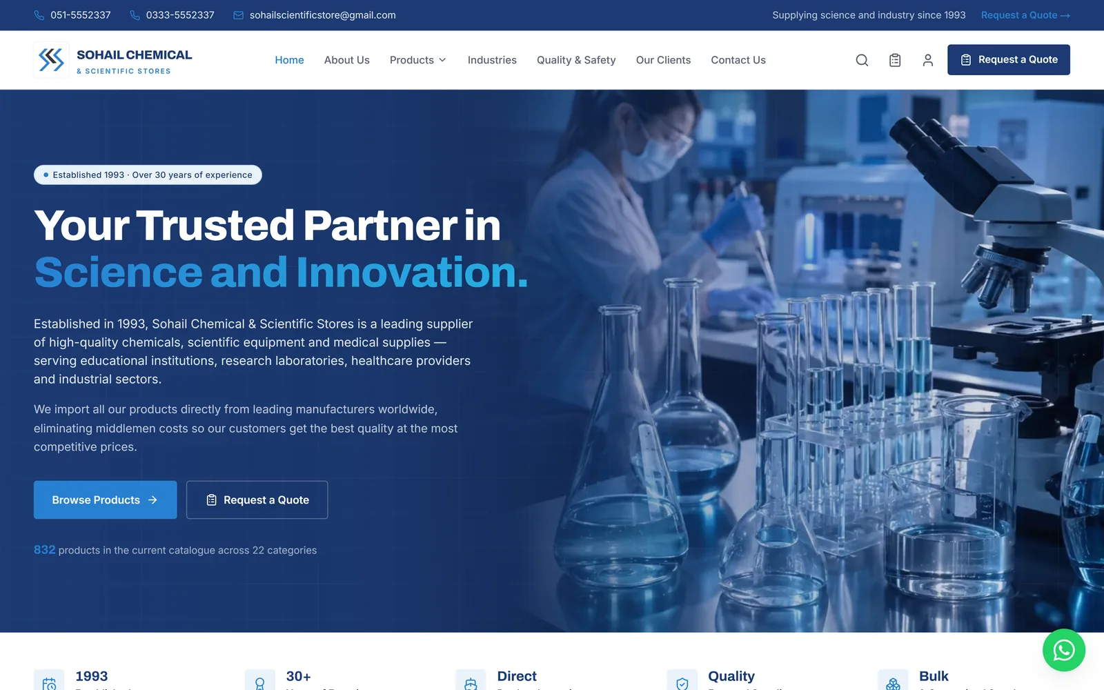 Sohail Chemical homepage showing the scientific supplies hero and product range section
