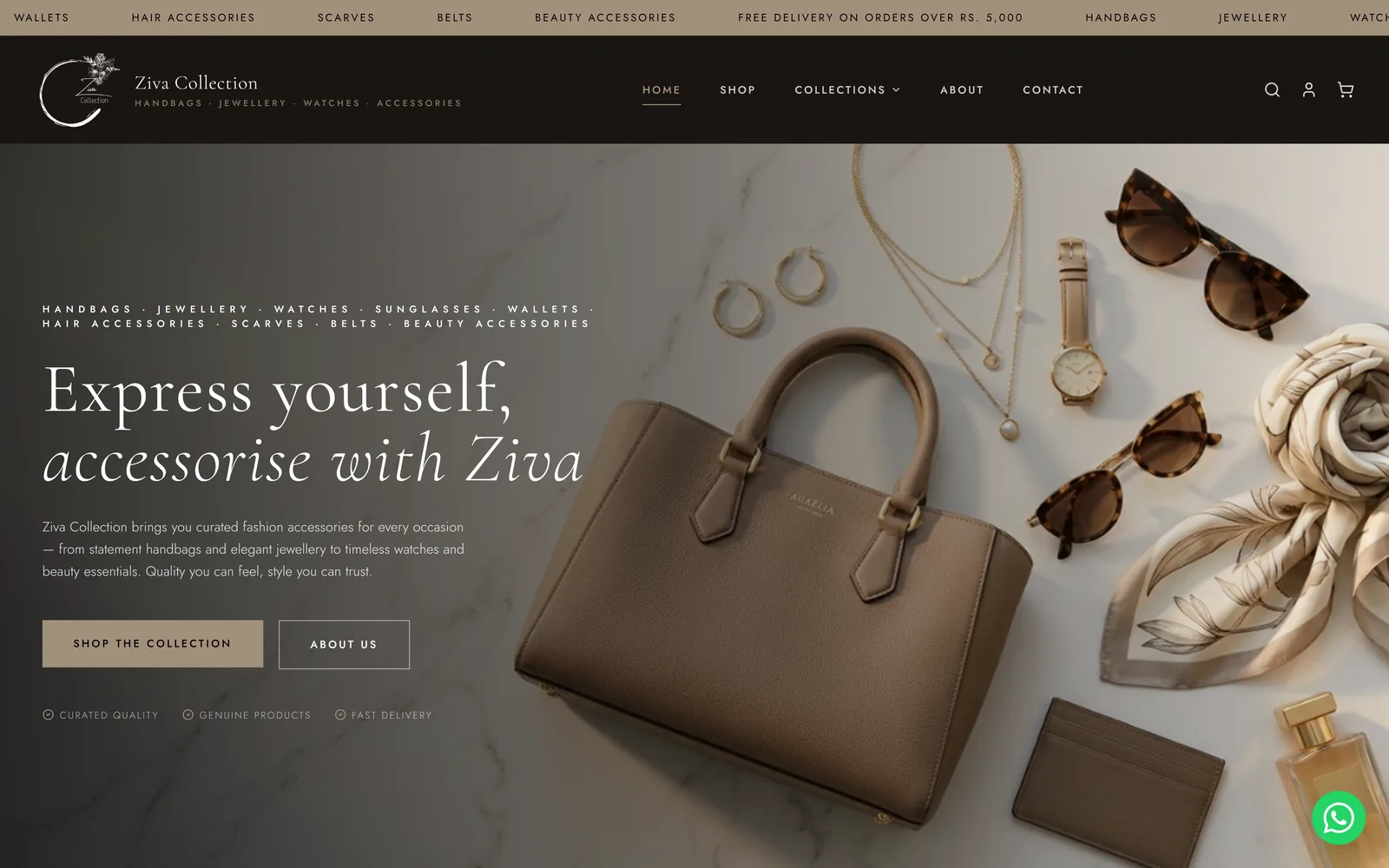 Ziva Collection homepage showing the accessories hero and shop-by-category grid
