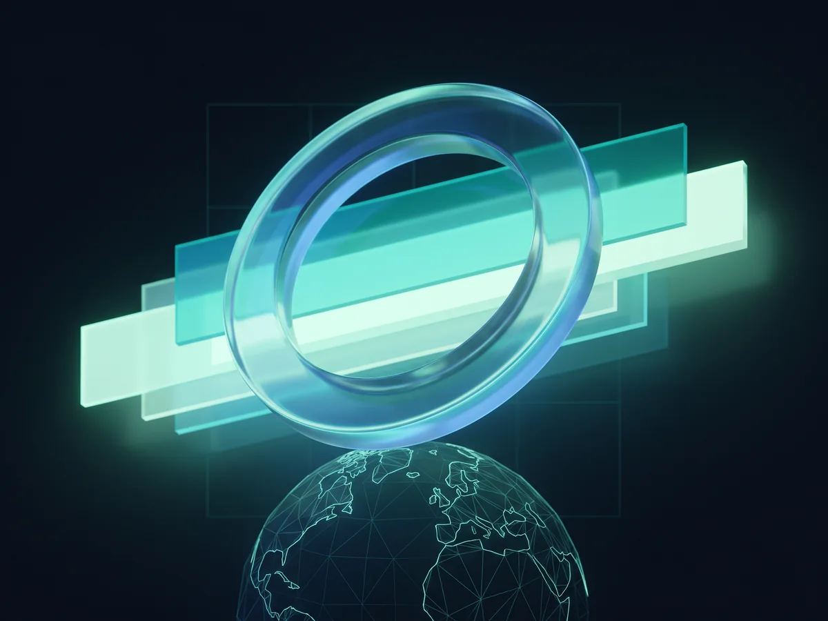 Abstract 3D illustration of a glowing lens ring above a wireframe globe with layered result bars