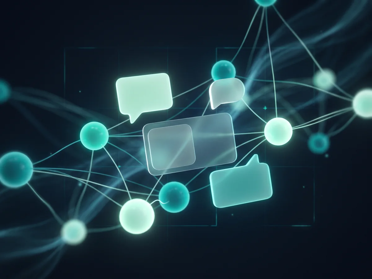 Abstract 3D illustration of glowing connected nodes with floating content and message cards
